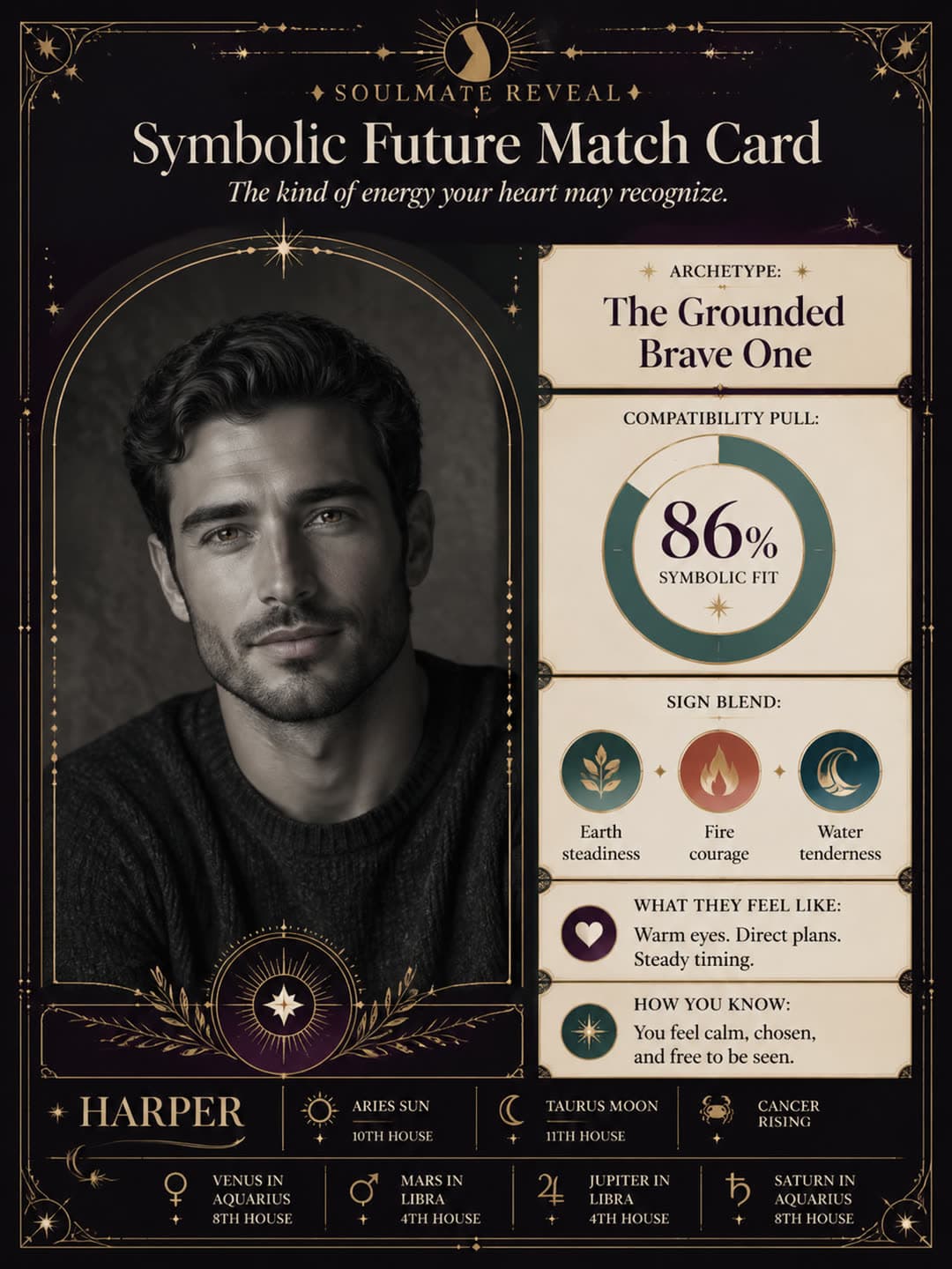Real generated Soulmate Reveal sample card with portrait, compatibility pull, and sign blend